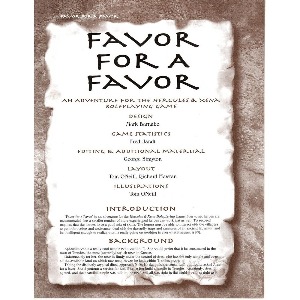Hercules and Xena Roleplaying Game Favor for a Favor Adventure Guide